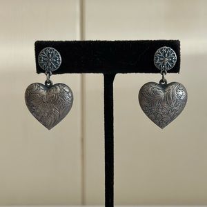 Silver Colored Puff Engraved Heart Shaped Earrings